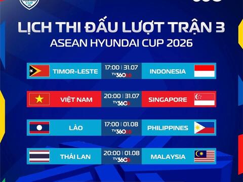Lịch thi đấu ASEAN Cup 2026 hôm nay (31-7): Tâm điểm Việt Nam đấu Singapore