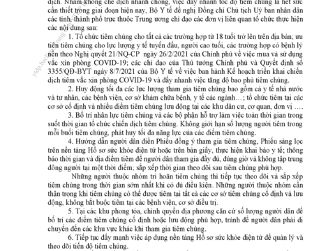 Công văn của Bộ Y tế: Về việc tăng tốc độ và diện bao phủ tiêm vắc xin phòng COVID-19.