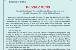 Bộ trưởng Nguyễn Hồng Diên gửi thư chúc mừng các cựu chiến binh, cựu quân nhân công tác tại Bộ Công Thương