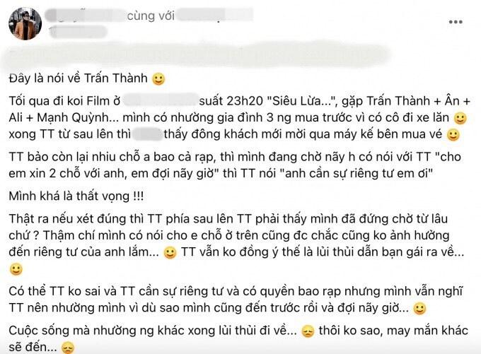 Trấn Thành bị tố có thái độ 'không đẹp' tại rạp chiếu phim - Ảnh 1.