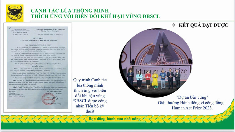 Quy trình canh tác lúa thông minh thích ứng với biến đổi khí hậu vùng ĐBSCL được Bộ NN&MT công nhận là Tiến bộ kỹ thuật là một minh chứng cho nỗ lực vì cộng đồng của Công ty cổ phần phân bón Bình Điền. Ảnh: Công ty cung cấp