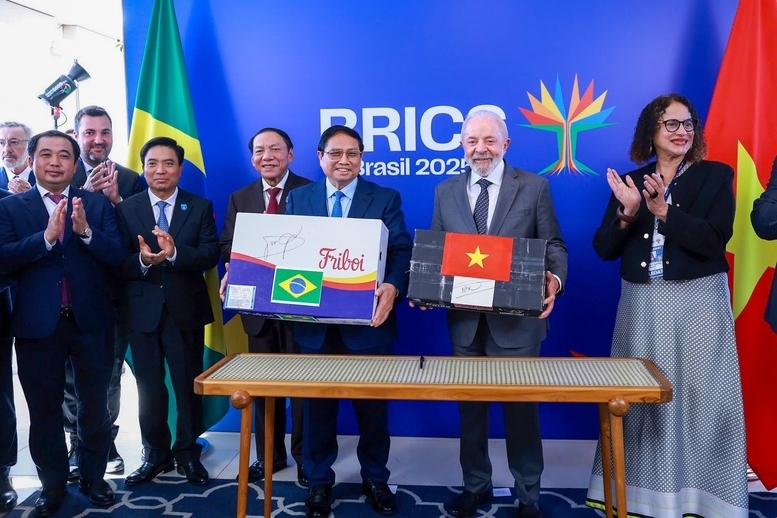 Thủ tướng Chính phủ và Tổng thống Brazil chứng kiến Lễ công bố lô hàng xuất khẩu cá tra-basa và cá rô phi đầu tiên của Việt Nam sang Brazil và Lễ công bố lô hàng xuất khẩu thịt bò đầu tiên của Brazil sang Việt Nam - Ảnh: VGP/Nhật BắcX