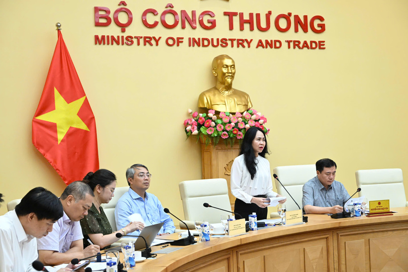 Bà Lê Hoàng Oanh, Cục trưởng Cục Thương mại điện tử và Kinh tế số báo cáo tiến độ, nội dung tóm tắt Dự thảo Luật Thương mại điện tử tại Hội nghị lấy ý kiến dự thảo Luật Thương mại điện tử ngày 30/6. Ảnh: Cấn Dũng
