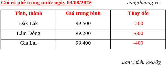 Bảng giá cà phê trong nước sáng ngày 3/8/2025