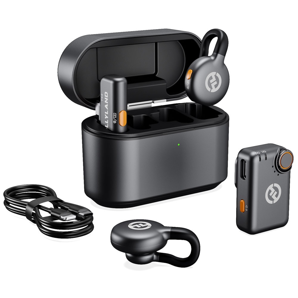 Hollyland Lark M2S Combo+ gồm hai máy phát siêu nhỏ gọn +bộ thu cắm USB-C