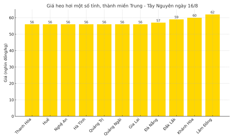 Biểu đồ giá heo hơi một số tỉnh, thành miền Trung - Tây Nguyên ngày 16/8