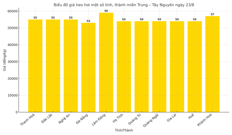 Biểu đồ giá heo hơi một số tỉnh, thành miền Trung – Tây Nguyên ngày 23/8