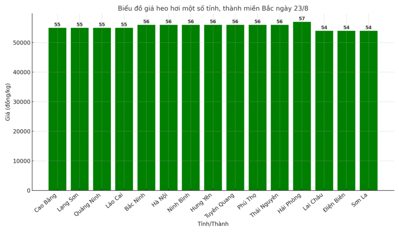 Biểu đồ giá heo hơi một số tỉnh, thành miền Bắc ngày 23/8.
