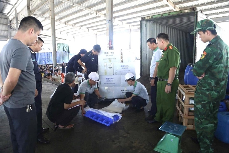 Công an tỉnh Quảng kiểm hóa hàng hóa đối với 19/28 container (kiểm tra, đối chiếu hàng hóa trong container với tờ khai nhập khẩu đi kèm) xác định ngoài hàng hóa trong danh mục tờ khai nhập khẩu, các đối tượng đã xen kẹp, trà trộn từ 30% đến 70% hàng nhập lậu. Ảnh: Công an tỉnh Quảng Ninh