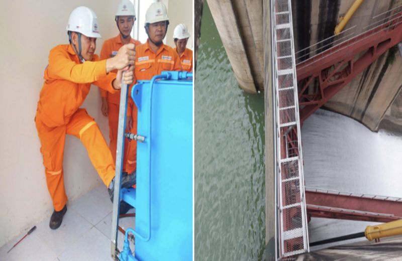 Cán bộ Công ty Thủy điện Buôn Kuốp vận hành đóng mở thử cửa van cung bằng tay. Ảnh: Anh Thư