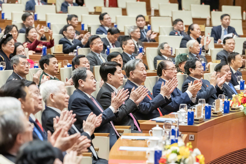 Tổng Bí thư Tô Lâm; Chủ tịch nước Lương Cường; Thủ tướng Phạm Minh Chính; Chủ tịch Quốc hội Trần Thanh Mẫn và các đại biểu dự lễ kỷ niệm. Ảnh: Quang Vinh