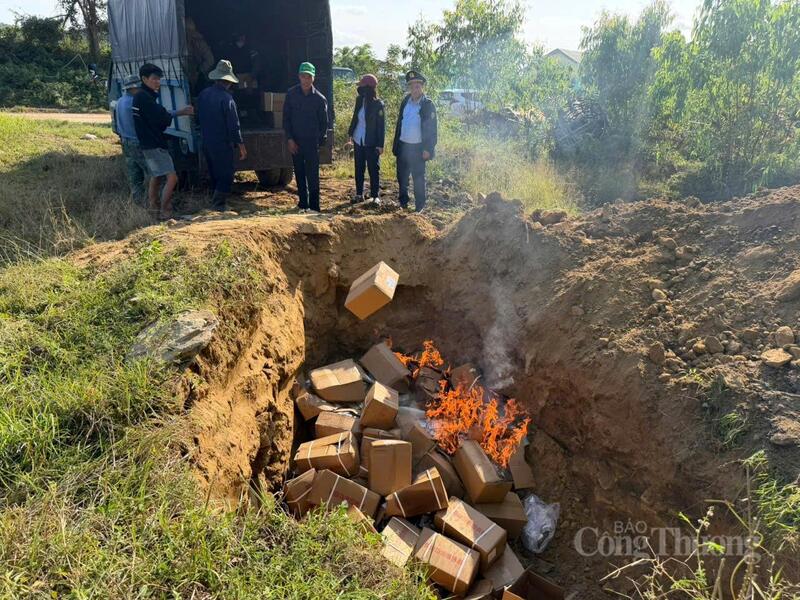 Đội Quản lý thị trường Thương mại điện tử và cơ động (Chi cục quản lý thị trường Đắk Lắk) phối hợp với các cơ quan chức năng tiêu hủy 12.450 sản phẩm mỹ phẩm, thực phẩm vi phạm. Ảnh: Vũ Long