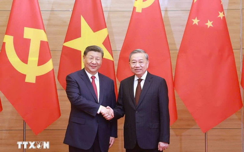 Tối 14/4/2025, tại Trung tâm Hội nghị quốc tế (Hà Nội), Tổng Bí thư Tô Lâm và Tổng Bí thư, Chủ tịch nước Trung Quốc Tập Cận Bình tại Tiệc chiêu đãi cấp Nhà nước chào mừng chuyến thăm cấp Nhà nước tới Việt Nam của Tổng Bí thư, Chủ tịch nước Trung Quốc Tập Cận Bình. Ảnh: TTXVN.