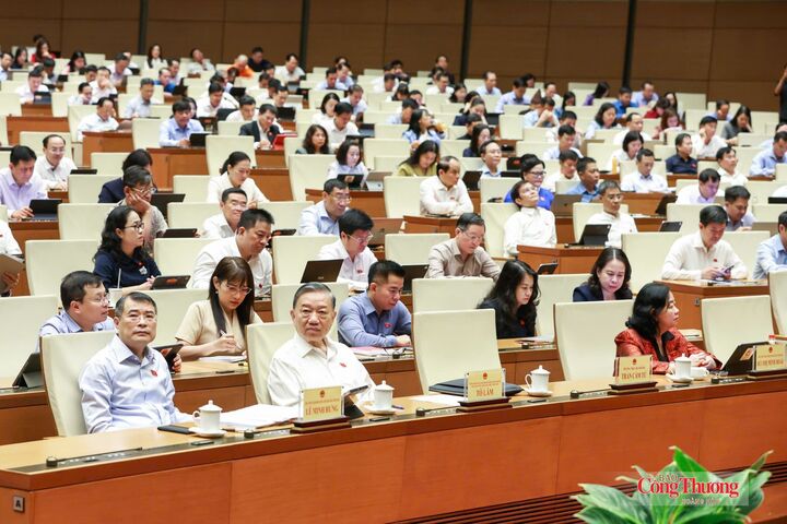 Tổng Bí thư, Chủ tịch nước Tô Lâm; Thủ tướng Chính phủ Lê Minh Hưng cùng các đại biểu Quốc hội tham dự phiên họp ngày 23/8.